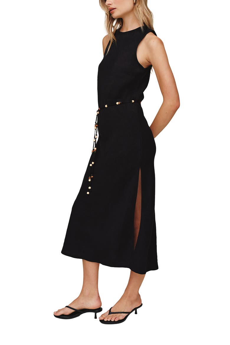 Beaded Tie Belt Bias Cut Linen Blend Midi Dress, Alternate, color, BLACK