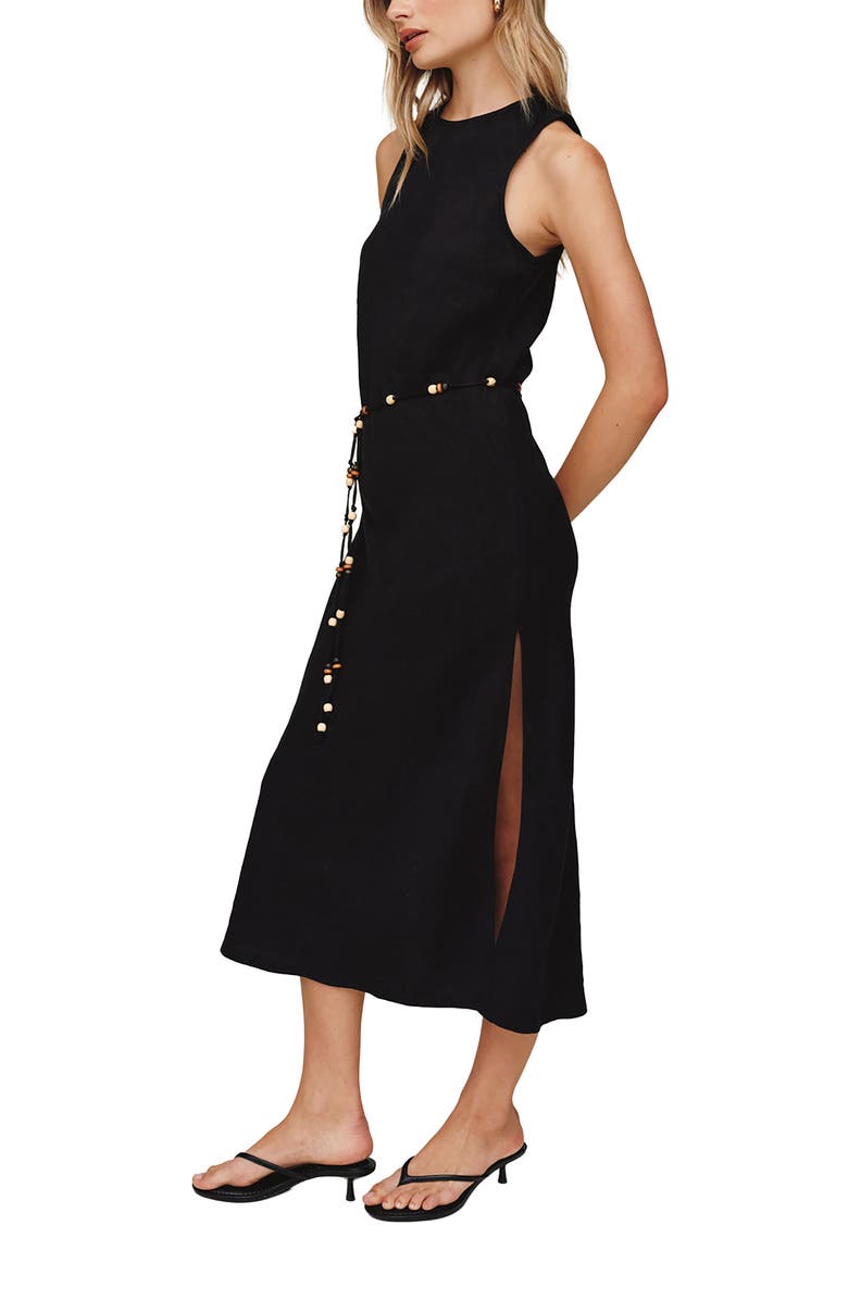 Bella Dahl Beaded Tie Belt Bias Cut Linen Blend Midi Dress, Alternate, color, Black