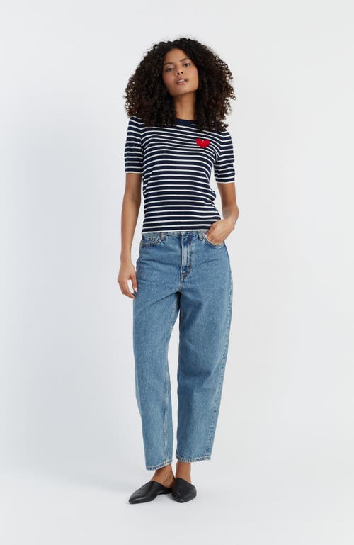 Chinti & Parker Pure Merino Heart Breton Short Sleeve Sweater In Navy/cream/true Red