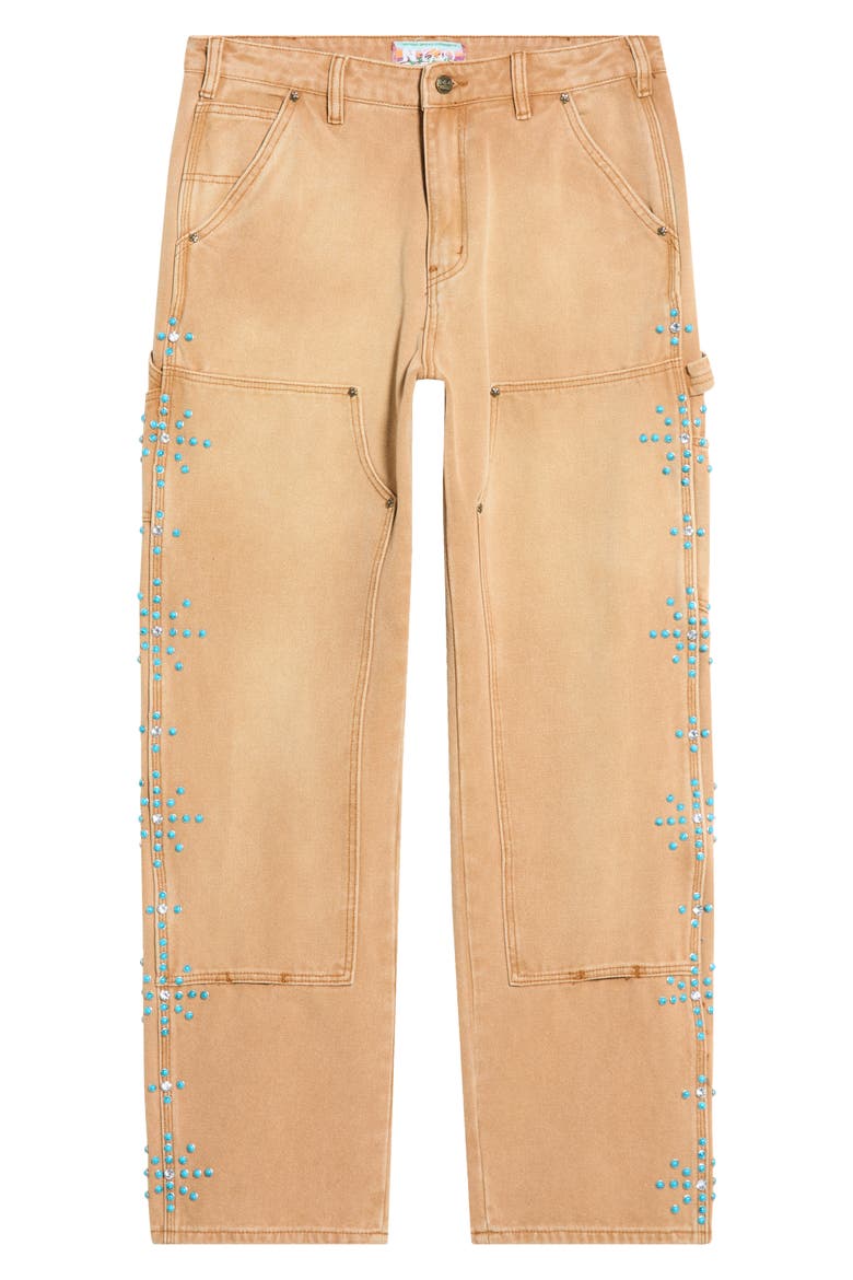 Turquoise Studded Cotton Twill Carpenter Pants, Alternate, color, LIGHT BROWN