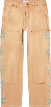 Nothing Grows Overnight Turquoise Studded Cotton Twill Carpenter Pants
