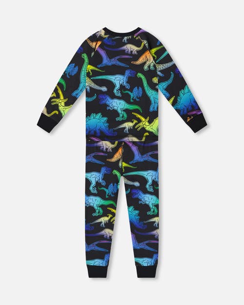 Deux Par Deux Two-piece Organic Cotton Pajama Set Dinosaur In Black