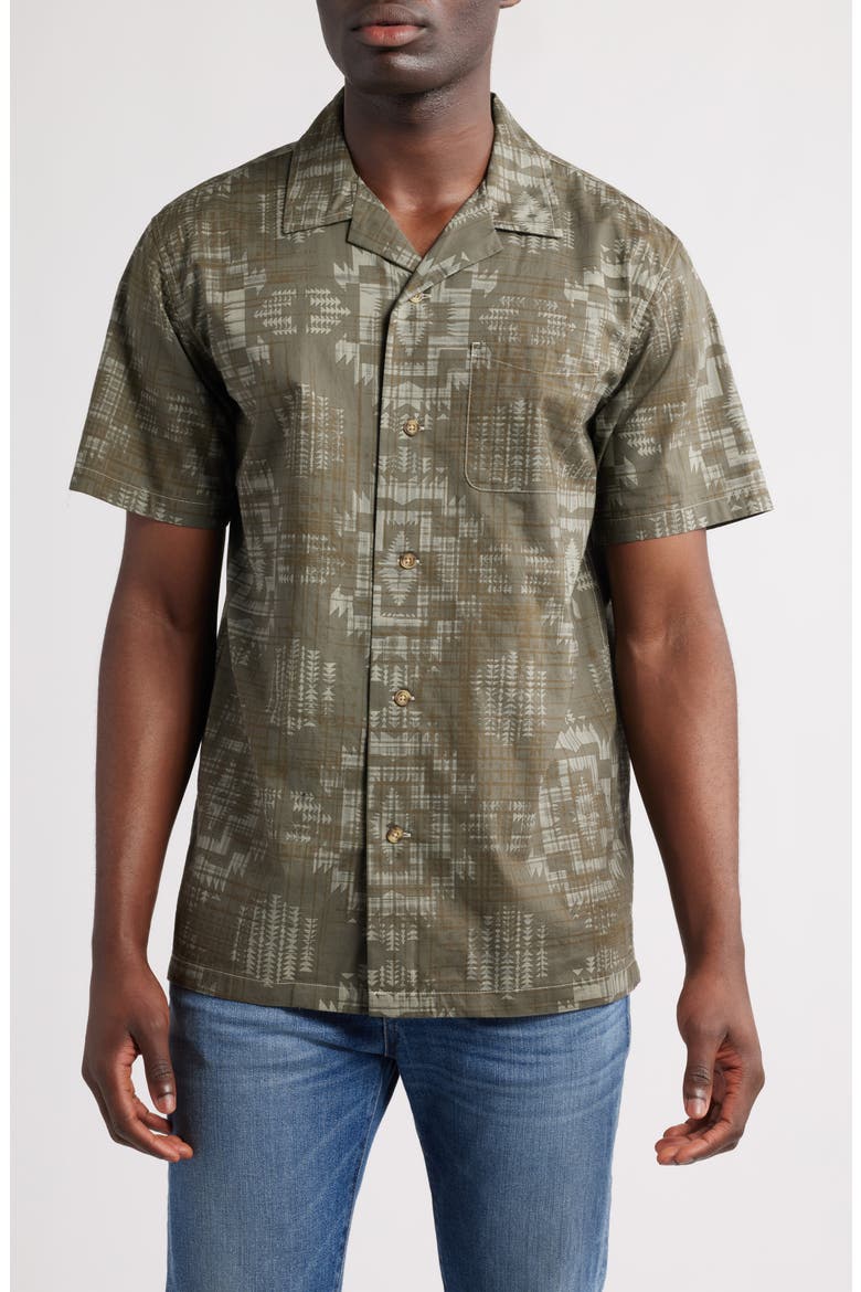 Geo Pattern Cotton Camp Shirt, Main, color, HARDING OLIVE