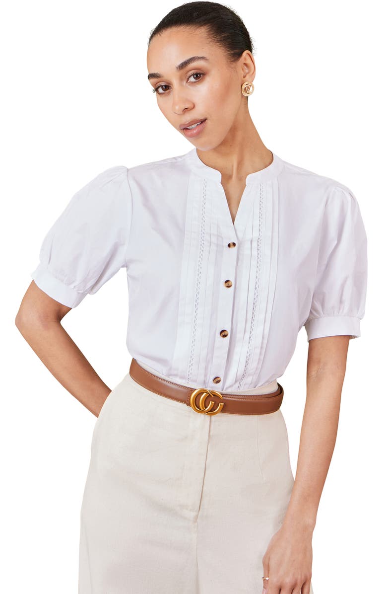 Yumi Cotton Pleated Short Sleeve Shirt, Main, color, White