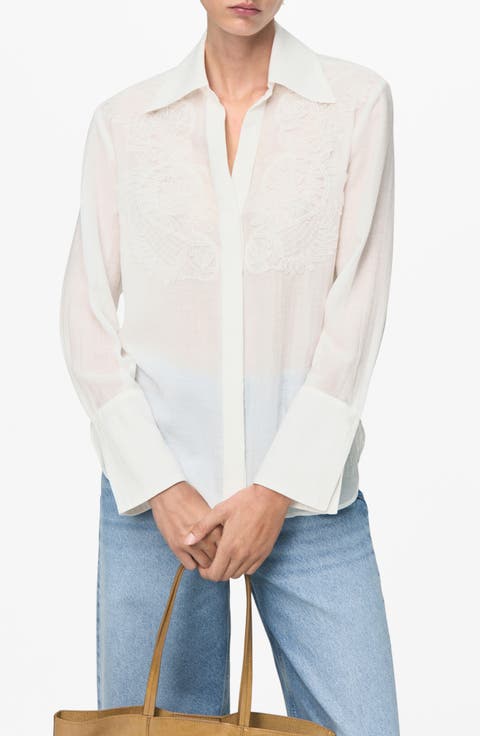 Lace Patch Long Sleeve Button-Up Shirt (Regular & Plus)