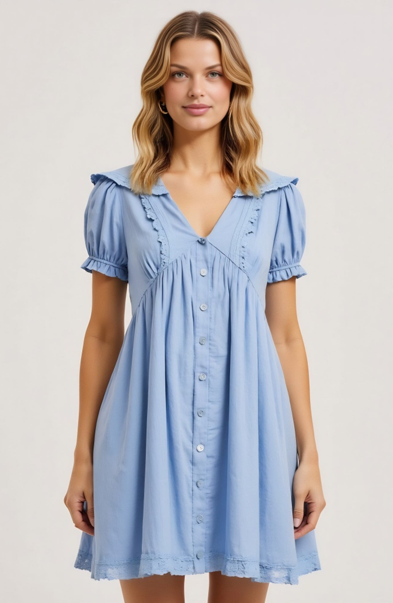Modenaire Button-Front Puff Sleeve Lace Trim Ruffle Detail Mini Dress, Main, color, Light Blue