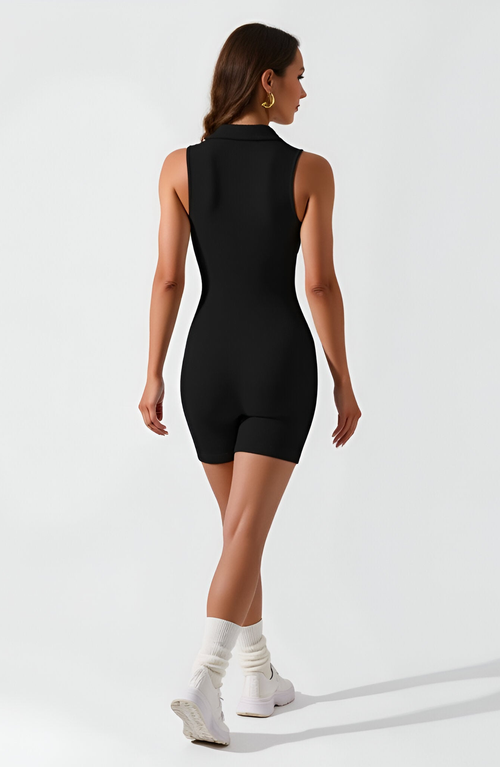 Modenaire Sleeveless Ribbed Romper With Polo Collar And Button Front Detail In Black