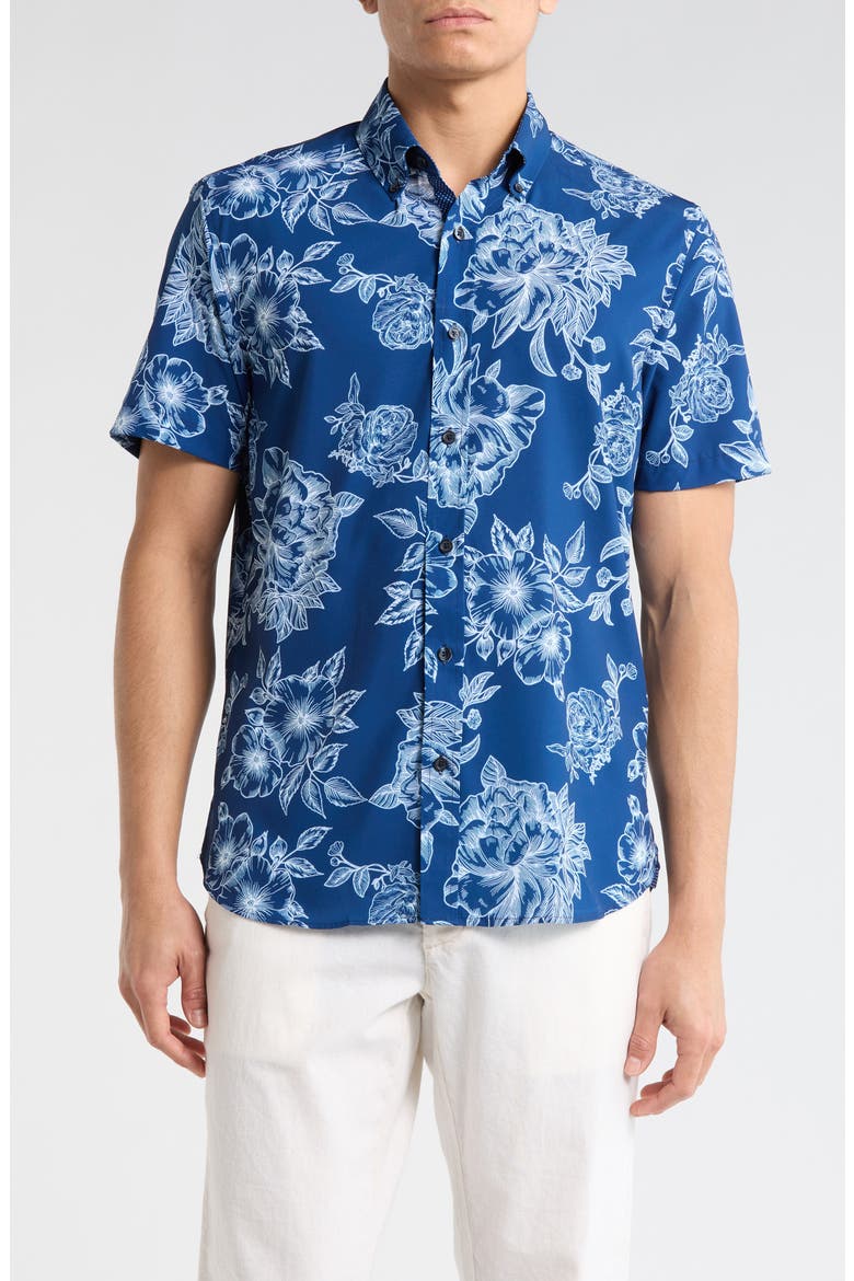 Slim Fit Floral Short Sleeve Stretch Button-Down Shirt, Main, color, NAVY