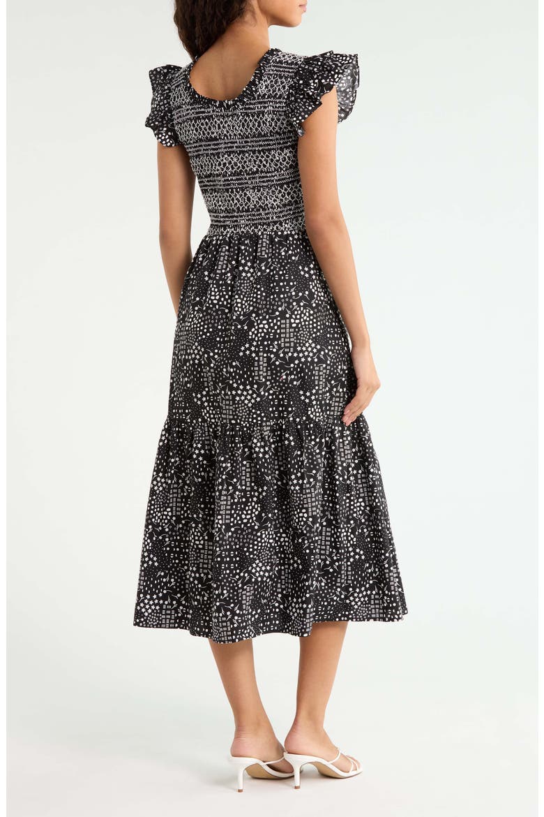 Floral Print Smocked Dress, Alternate, color, BLACK-WHITE