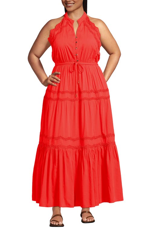 LANDS' END LANDS' END PLUS SIZE COTTON VOILE HALTER TIERED MAXI DRESS 