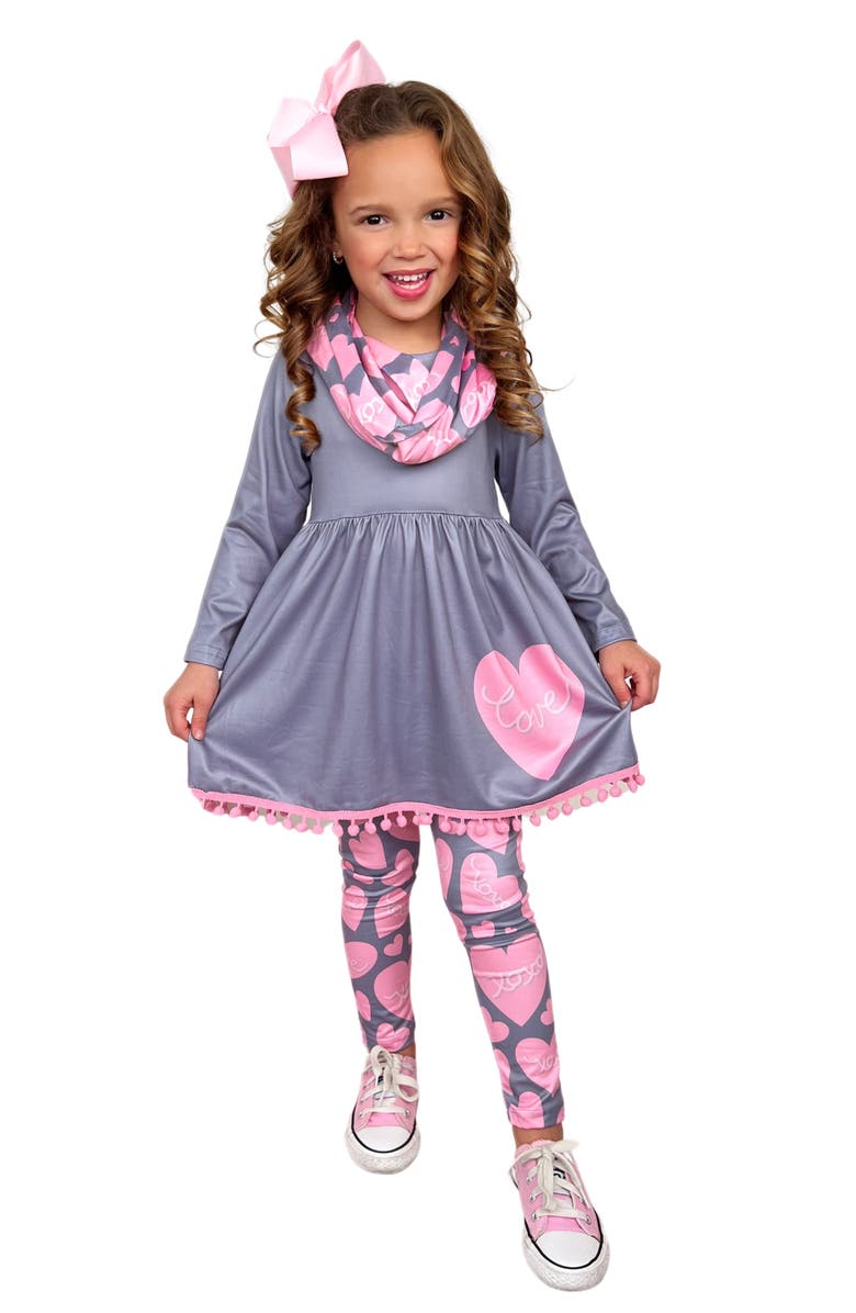 Mia Belle Girls Big Heart Tunic, Scarf and Legging Set, Main, color, Gray