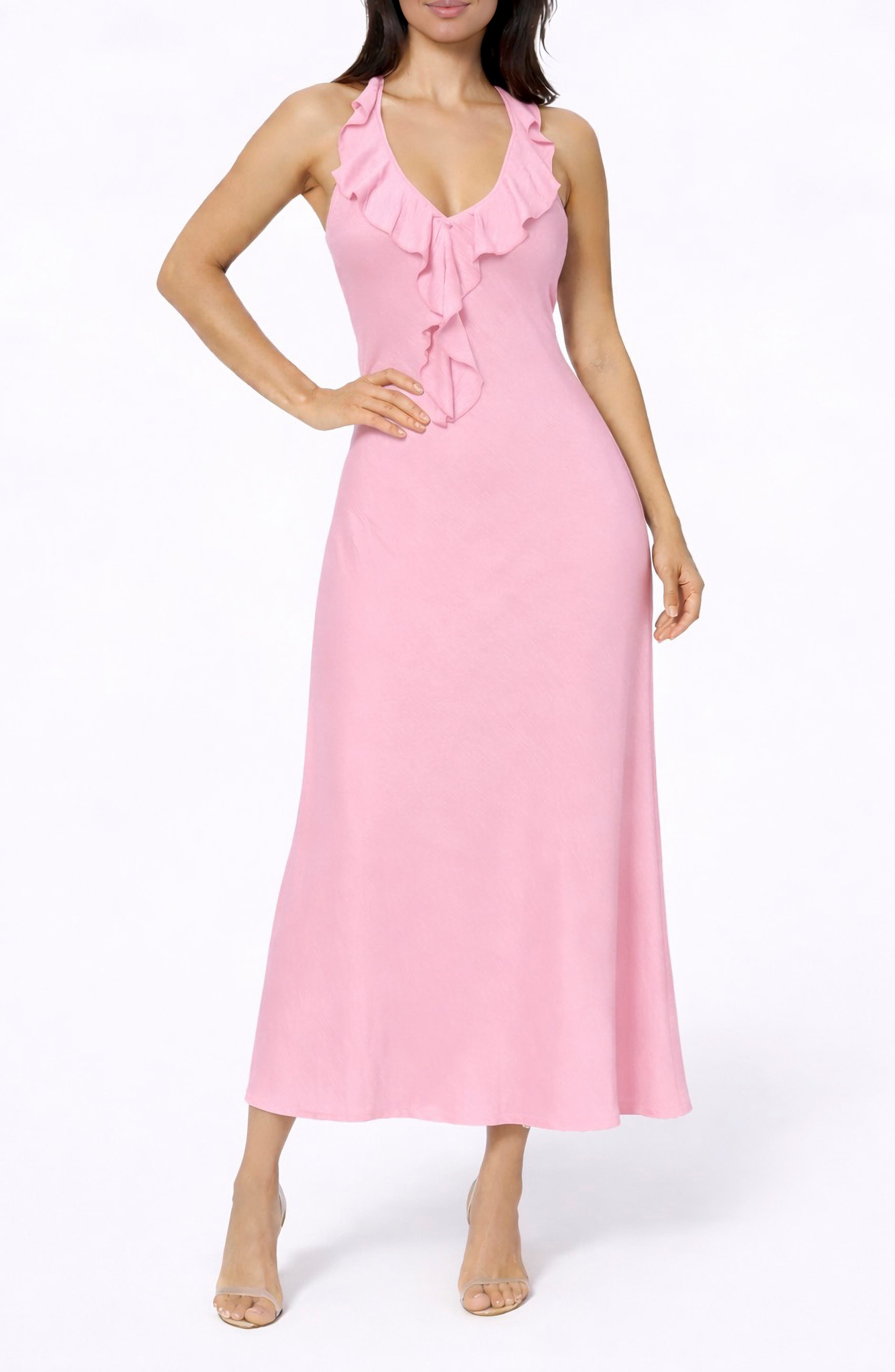 bebe Crushed Satin Ruffle Halter Dress
