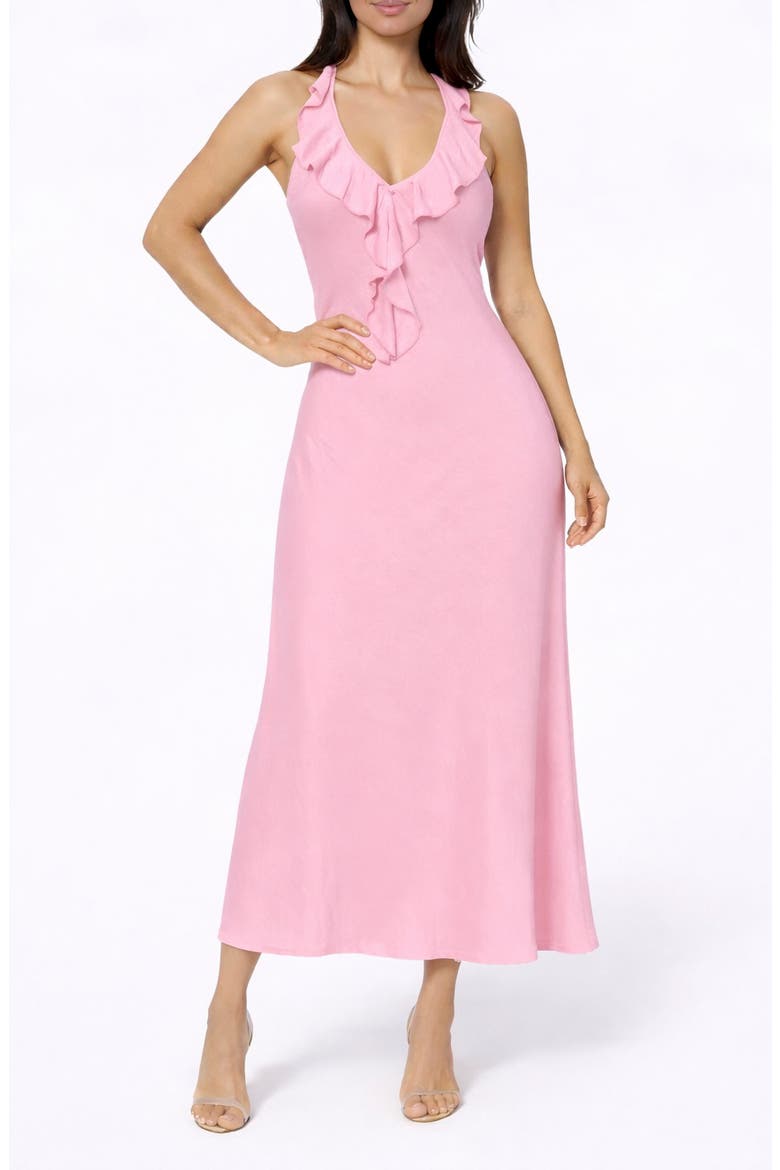Crushed Satin Ruffle Halter Dress, Main, color, ROSE