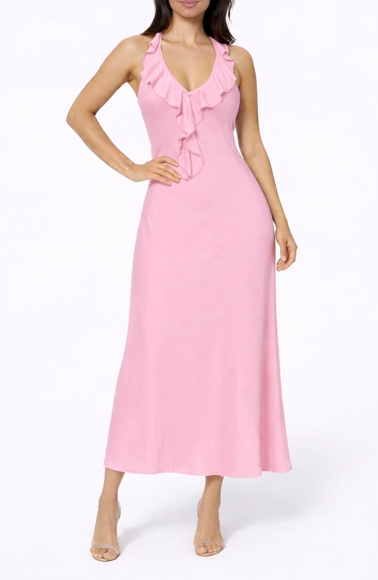 bebe Crushed Satin Ruffle Halter Dress, Main, color, Rose