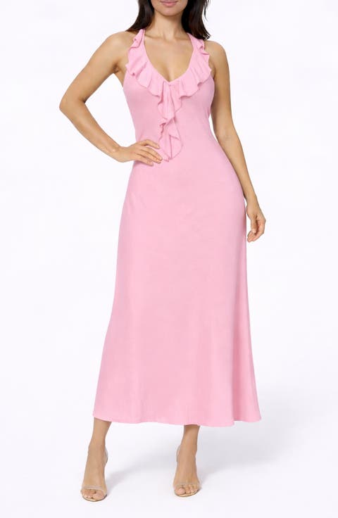 Crushed Satin Ruffle Halter Dress