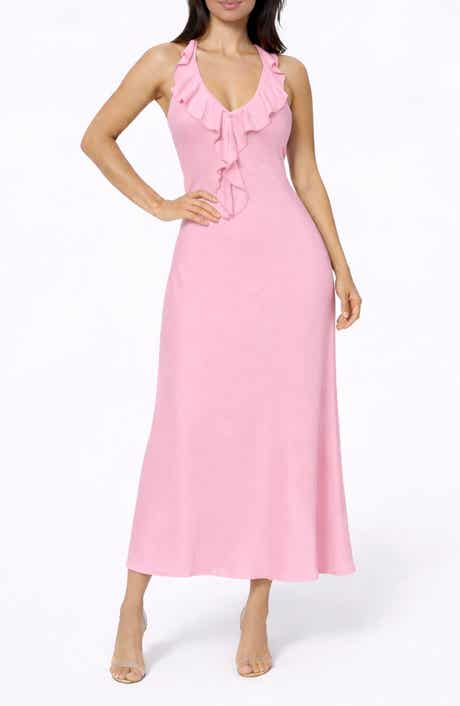 bebe Crushed Satin Ruffle Halter Dress