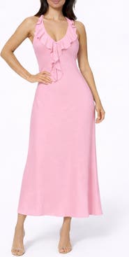 bebe Crushed Satin Ruffle Halter Dress