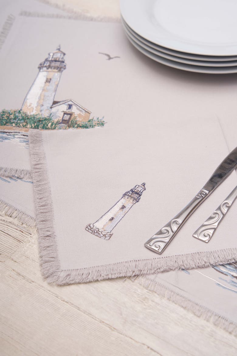 Guiding Light House Coastal Nautical Fringed Embroidered Table Runner 14" x 72", Alternate, color, Beige