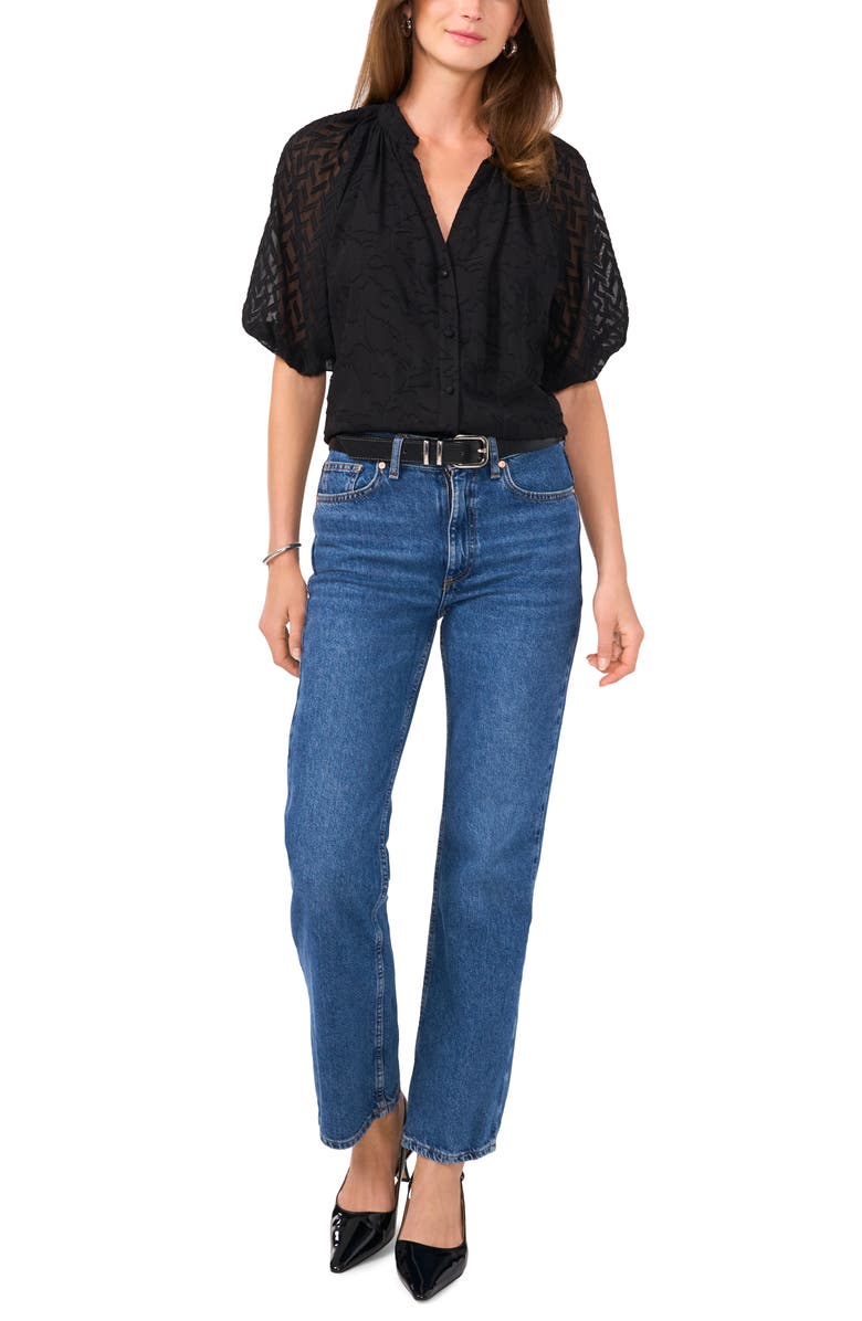 Vince Camuto Raglan Sleeve Mixed Jacquard Button-Up Shirt, Alternate, color, Rich Black