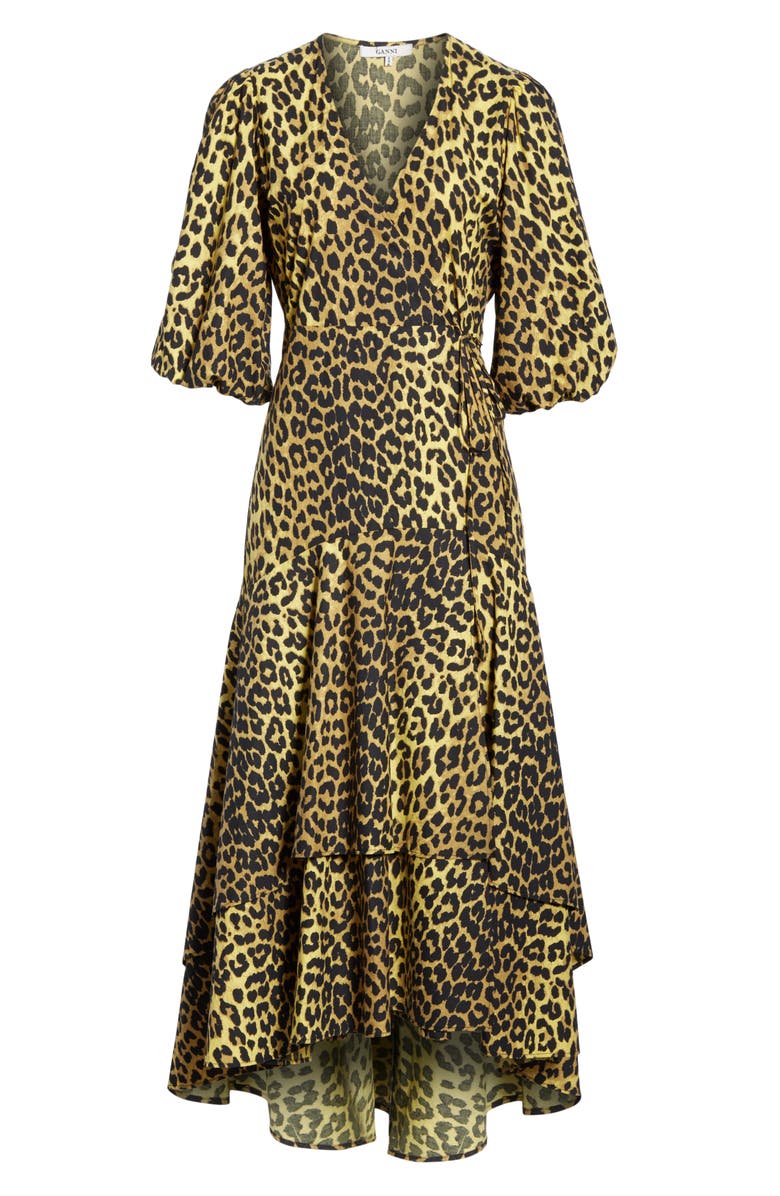 Ganni Leopard Print Cotton Wrap Dress, Alternate, color, 