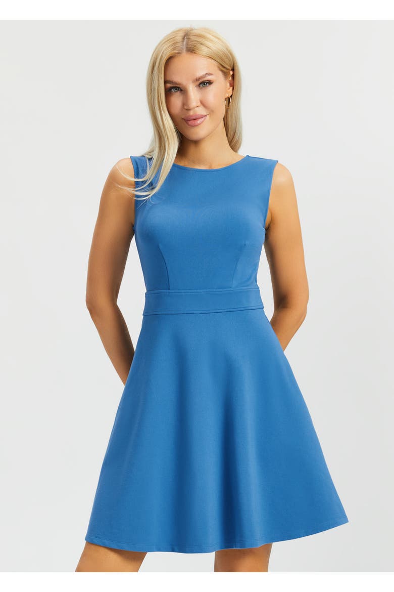 Sleeveless Boatneck Fit and Flare Dress, Main, color, Denim Blue