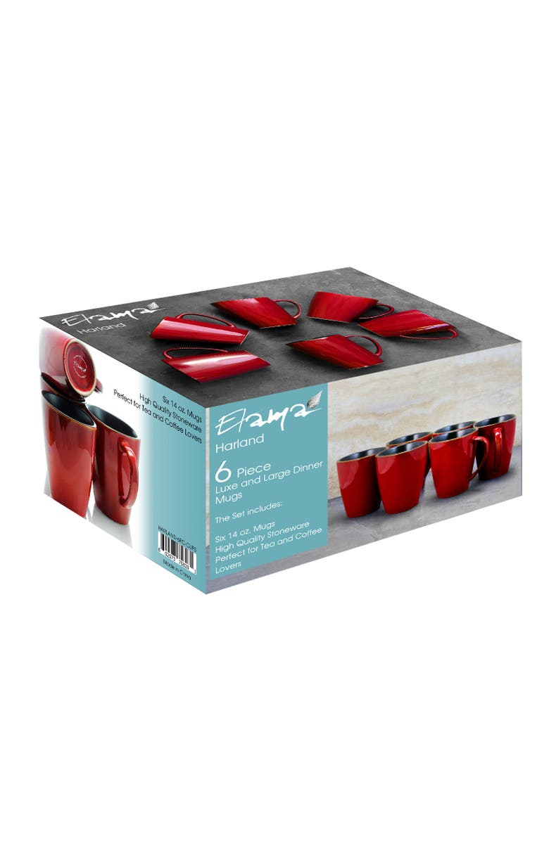 Elama Harland 14 Ounce 6 Piece Luxe and Large Stoneware Dinner Mugs, Alternate, color, Red