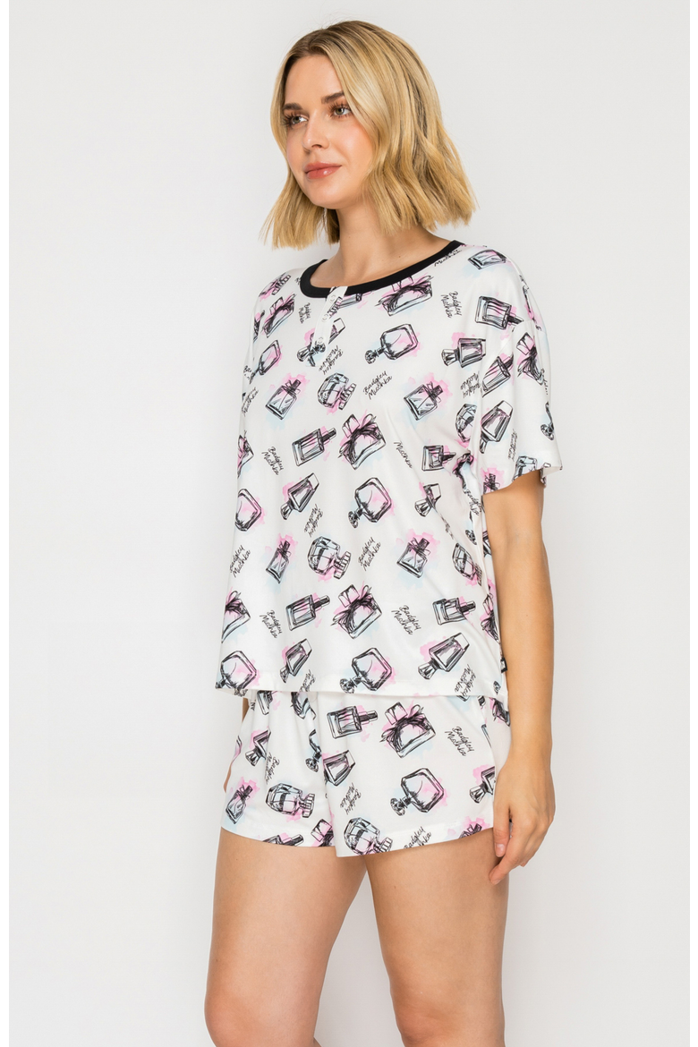 Yummy Henley Top & Short PJ set, Alternate, color, Cream perfume