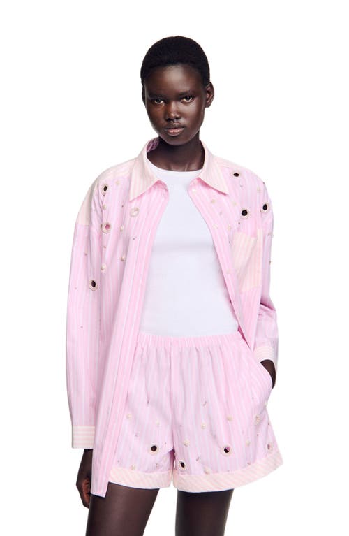 Sandro Womens Roses Embellished Striped Cotton Shirt In Pink