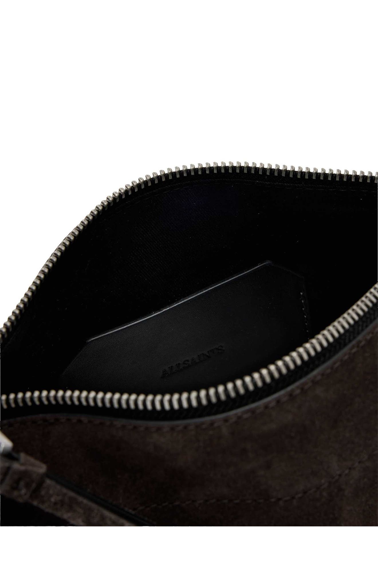 AllSaints Small Alba Zip Suede Crossbody Bag, Alternate, color, Bitter Brown