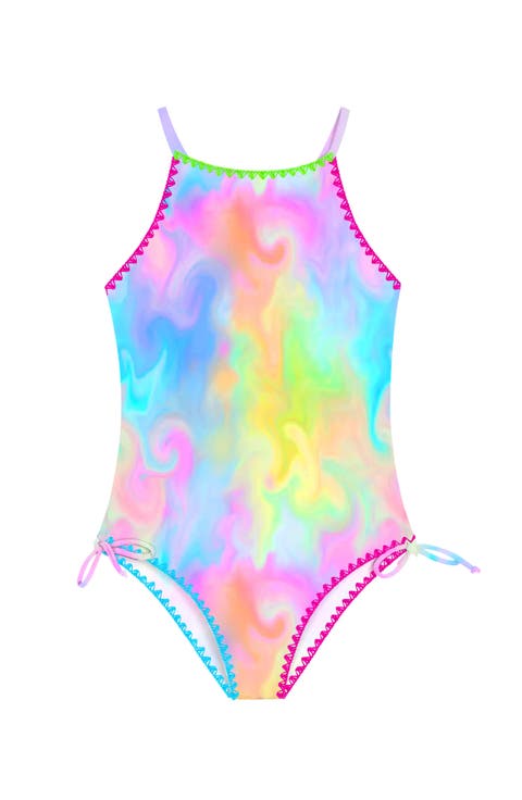 Marble Printed One Piece Swimsuit with Embroidered Trim