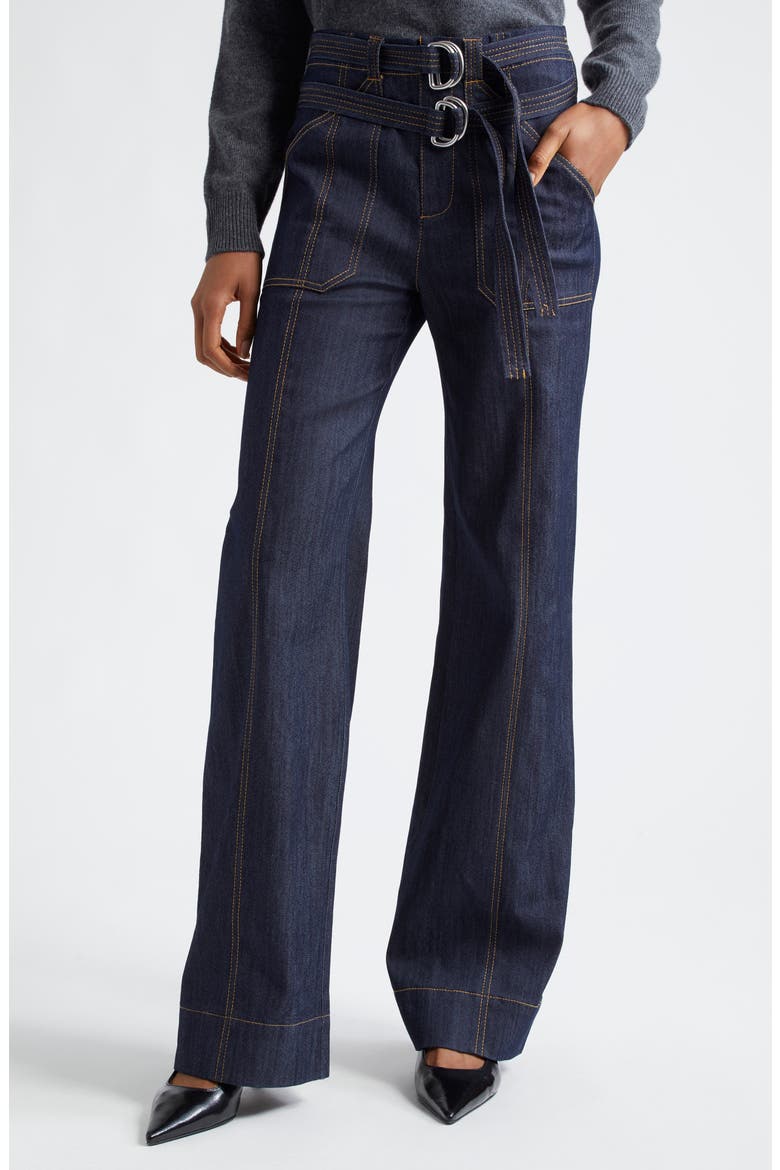 Double Belted Waist Bootcut Jeans, Main, color, INDIGO