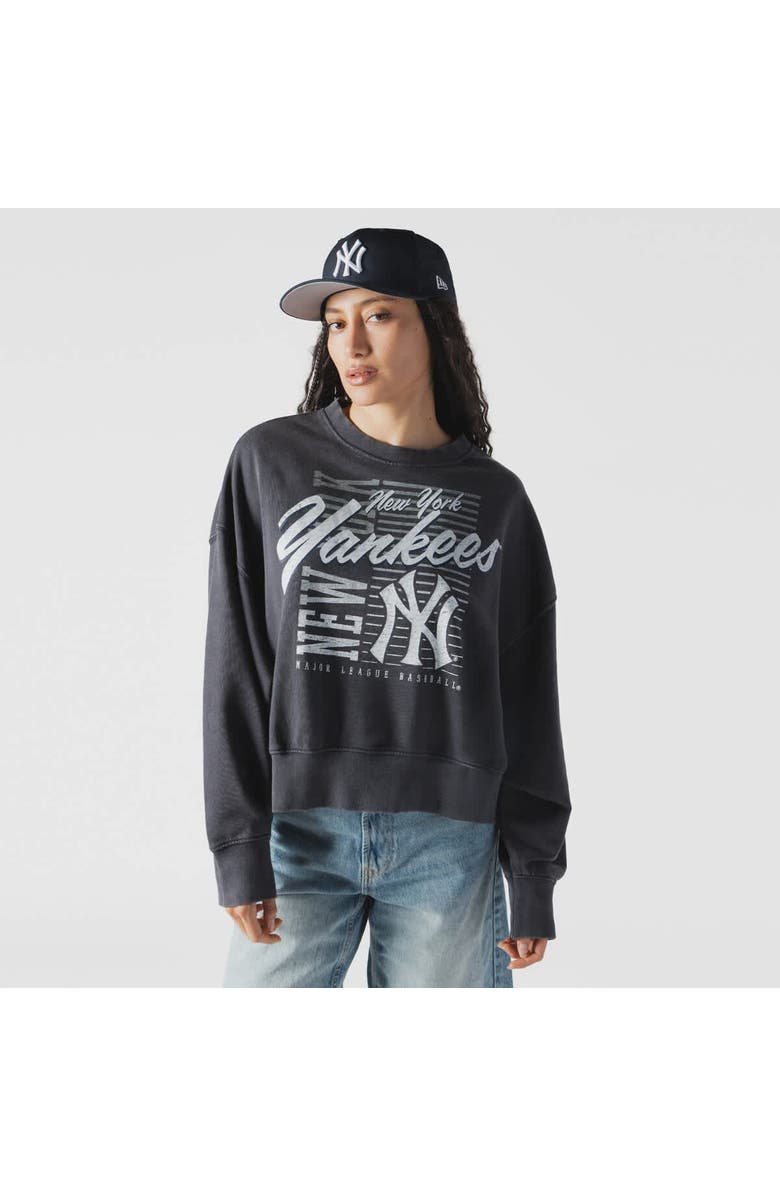 New Era Women's New Era Navy New York Yankees Boxy Mineral Wash Dolmen Sleeve Cropped Sweatshirt, Main, color, Charcoal