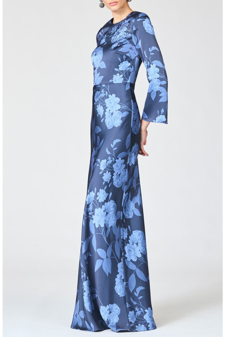 Alex Crystal Detail Floral Long Sleeve Satin Crepe Gown, Alternate, color, GALAXY ROSES