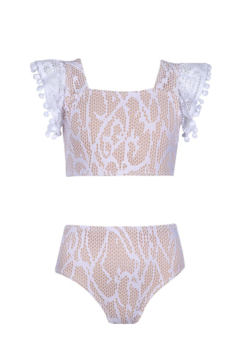 Kids' Lace Pompom Detail Two Piece Bikini, Main, color, White