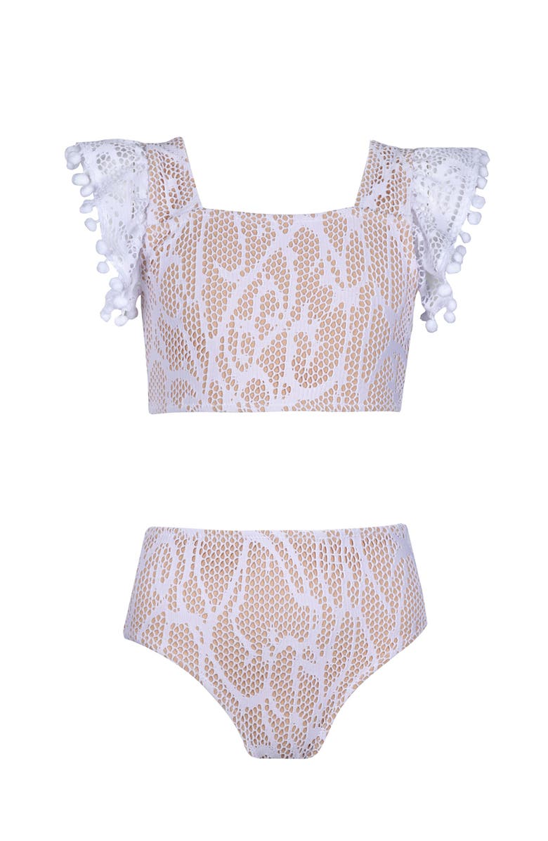 NESSI BYRD Kids' Lace Pompom Detail Two Piece Bikini, Main, color, White