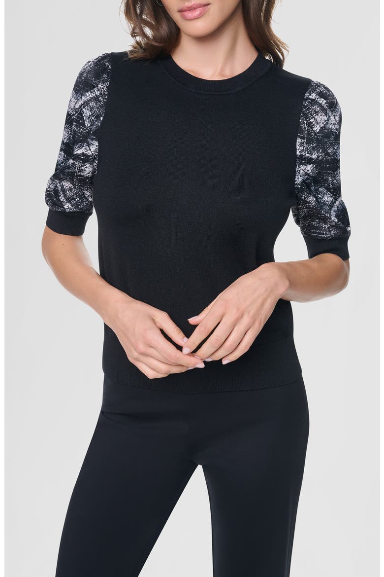 Print Twist Sleeve Mixed Media Sweater, Main, color, BLACK/ REFRACTED