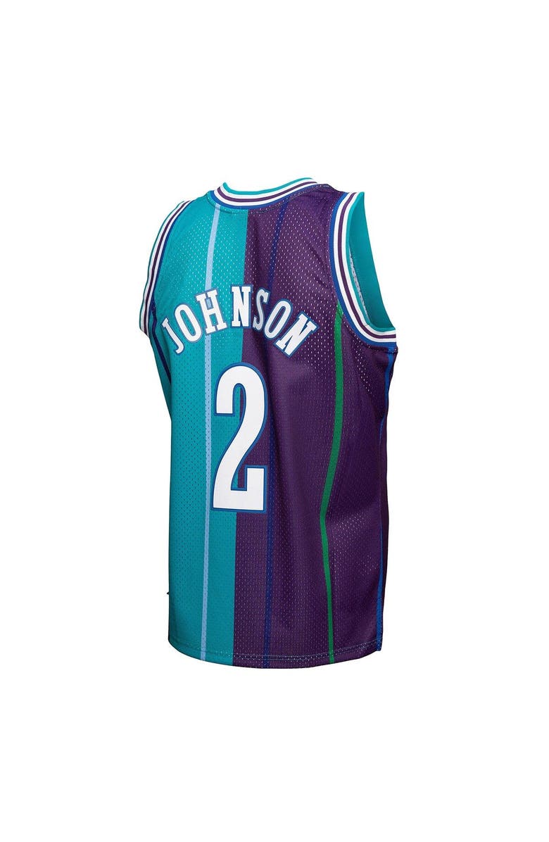 Mitchell & Ness Men's Mitchell & Ness Larry Johnson Teal/Purple Charlotte Hornets Hardwood Classics 1992/93 Split Swingman Jersey, Alternate, color, 