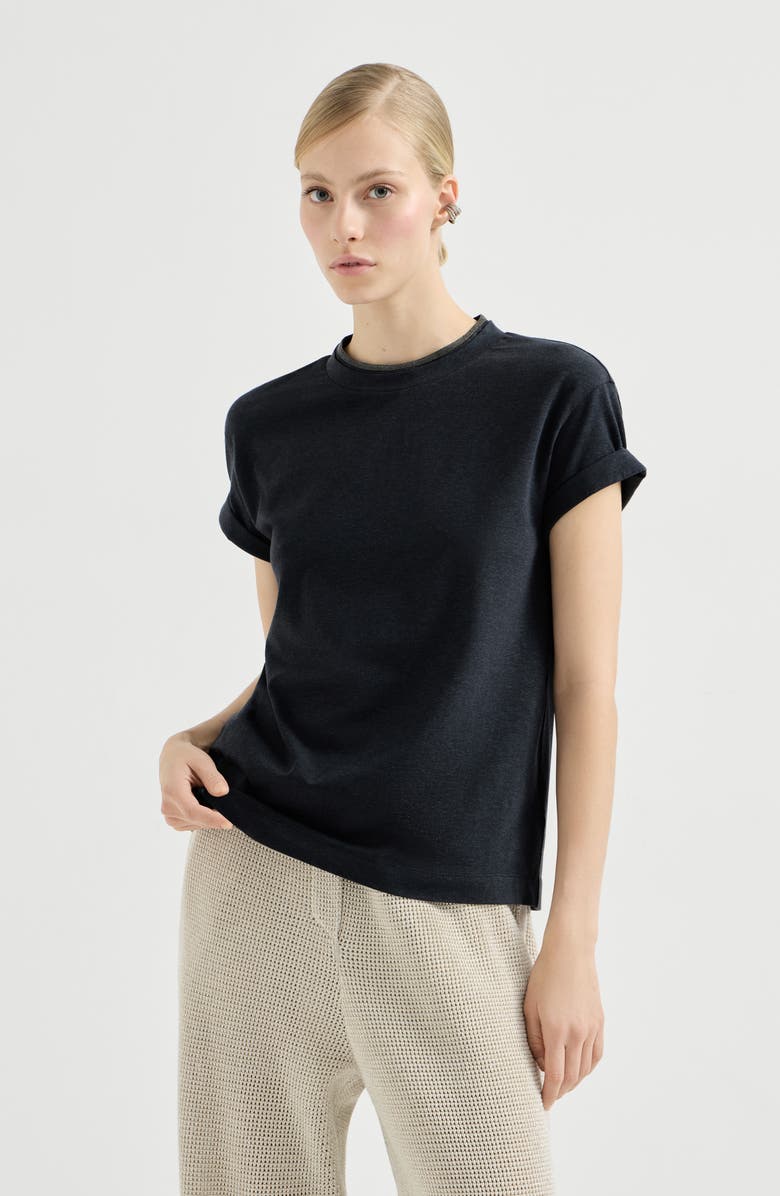Brunello Cucinelli T-shirt with Precious Faux Layering, Alternate, color, Anthracite