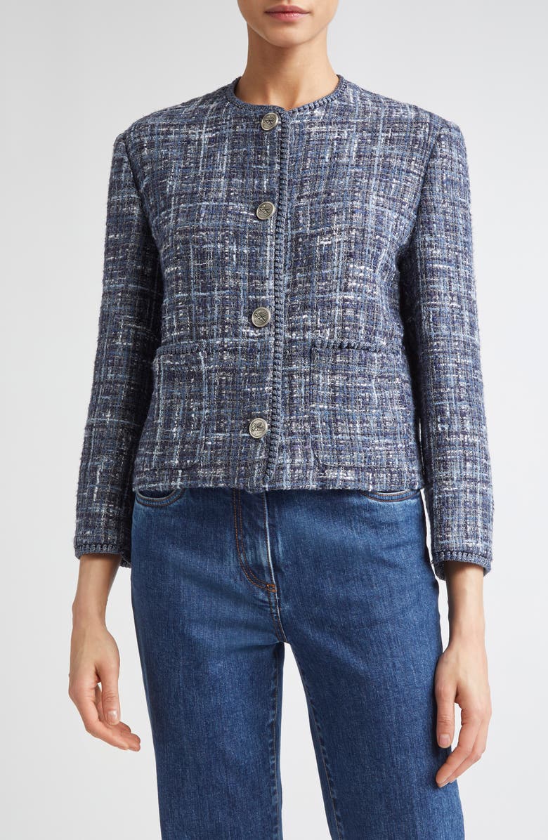 Etro Abstract Check Crop Bouclé Jacket, Main, color, Multicolor Blue Base