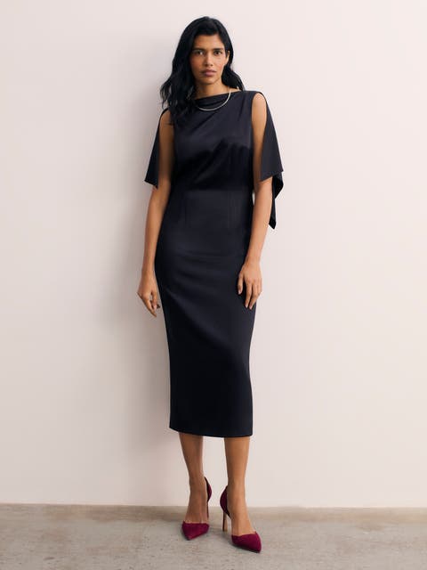 Midi Sheath Dress Cape Sleeve Boat Neck