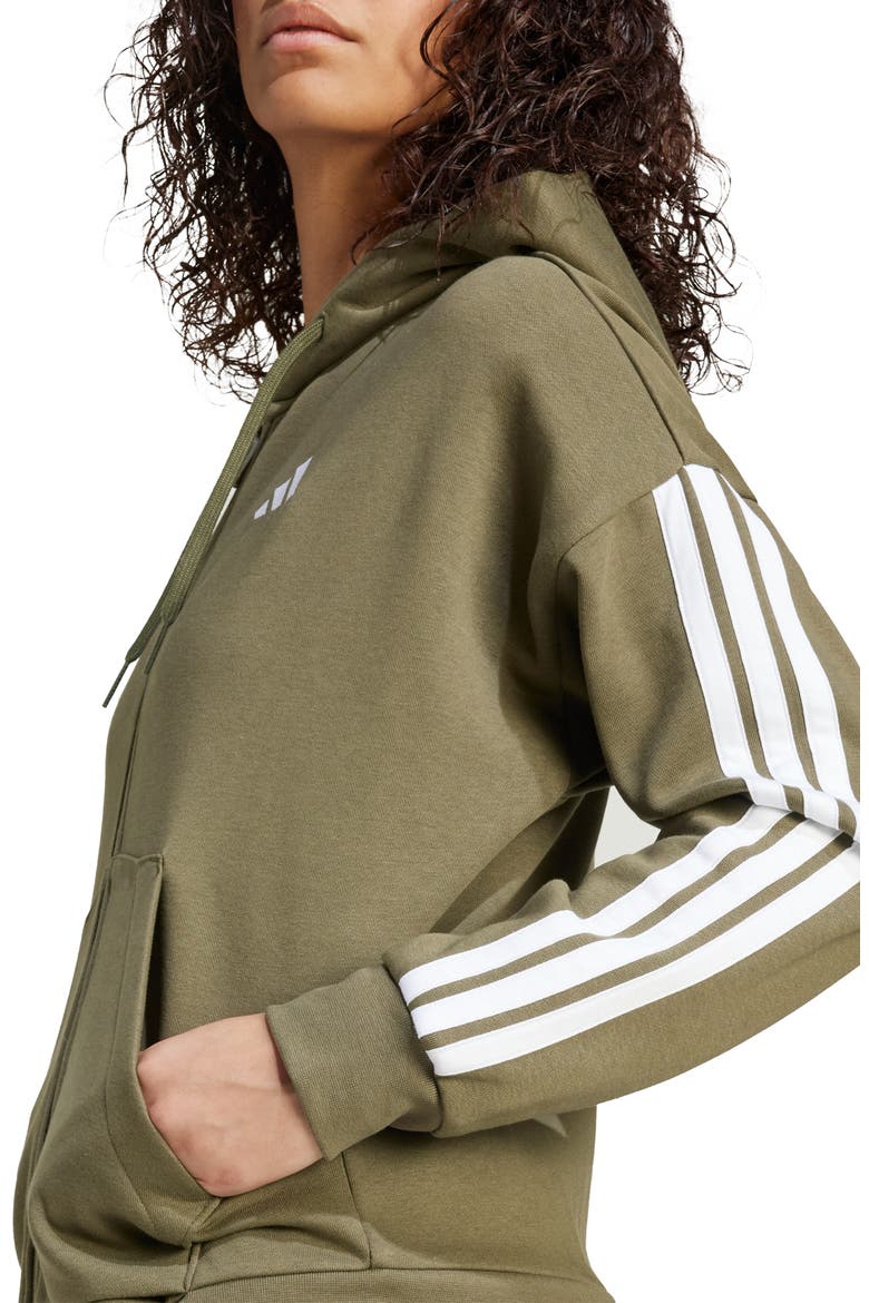 Essential 3-Stripes Full Zip Hoodie, Alternate, color, OLIVE STRATA/ WHITE
