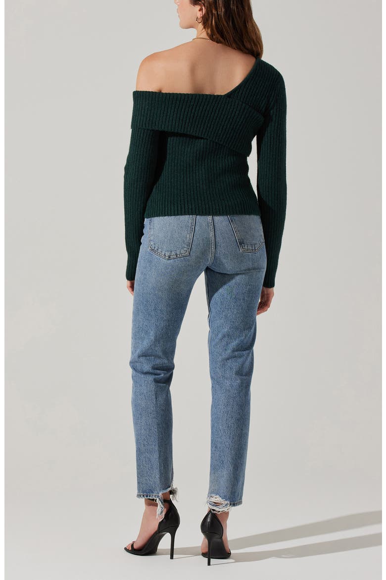 Asymmetric Foldover One-Shoulder Rib Sweater, Alternate, color, DEEP GREEN