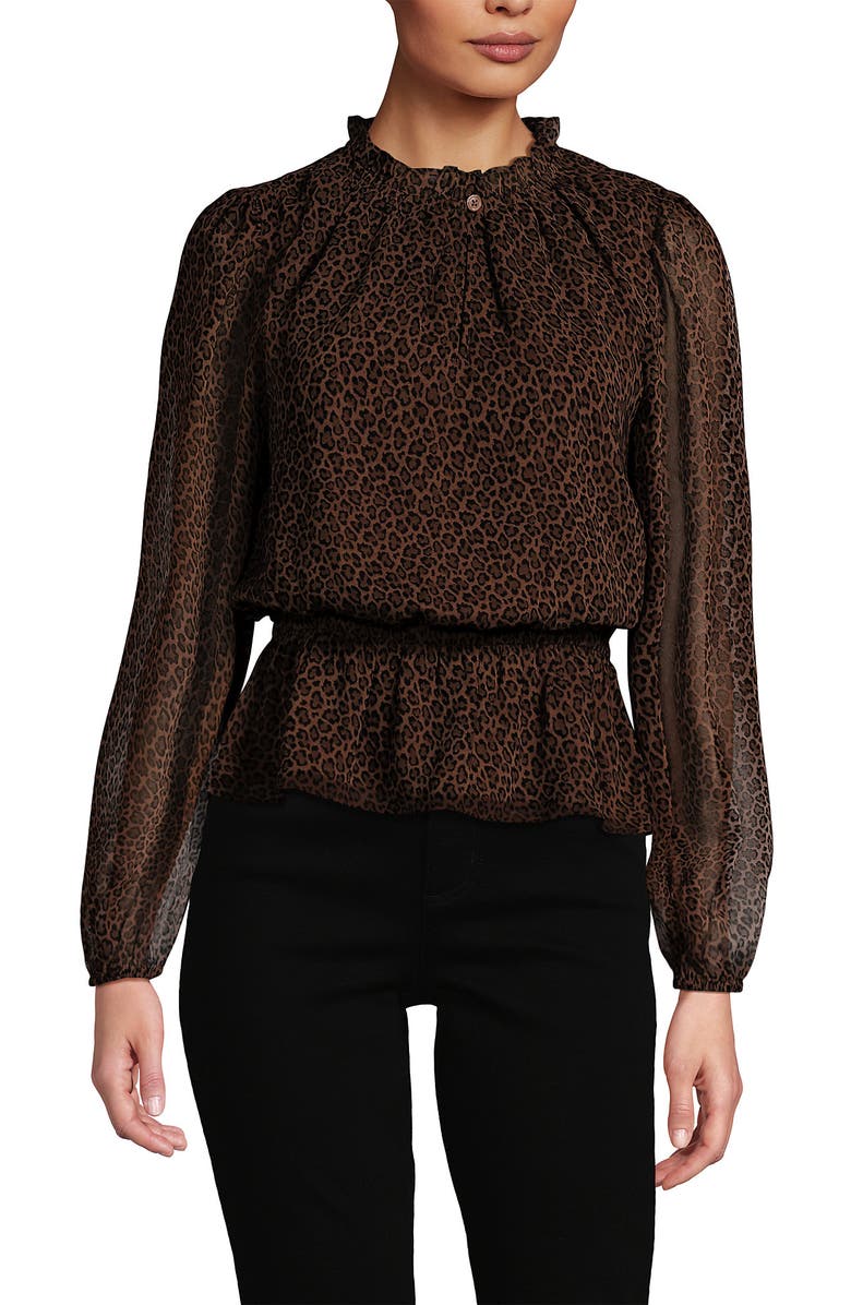 Lands' End Chiffon Peplum Top, Alternate, color, Dark Clay Animal Spots