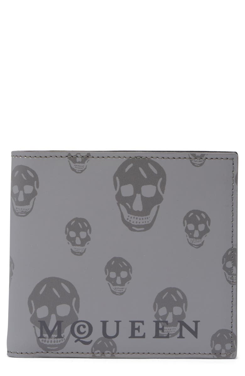 McQueen Skull Leather Bifold Wallet, Main, color, Grey/ Dark Grey