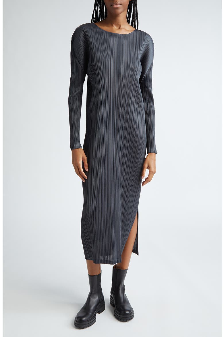 Monthly Colors December Pleated Long Sleeve Midi Dress, Main, color, STEEL GRAY