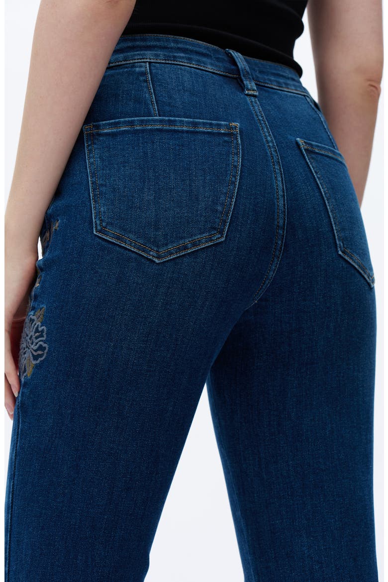 Embroidered Raw Hem High Waist Flare Jeans, Alternate, color, DARK BLUE