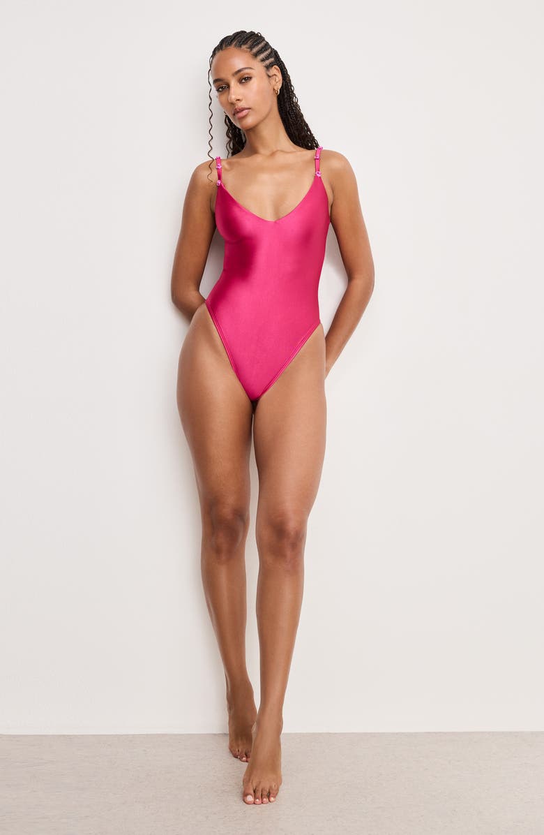 Good American Satin Deep V One-Piece Swimsuit, Alternate, color, Fuschia002