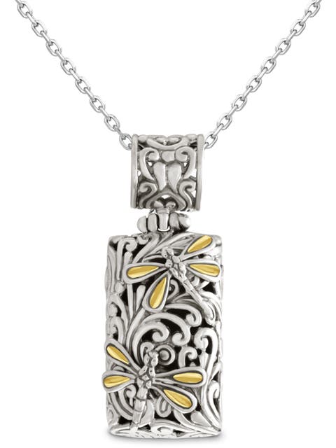 Dragonfly Rectangle Pendant Necklace in Sterling Silver and 18K Gold