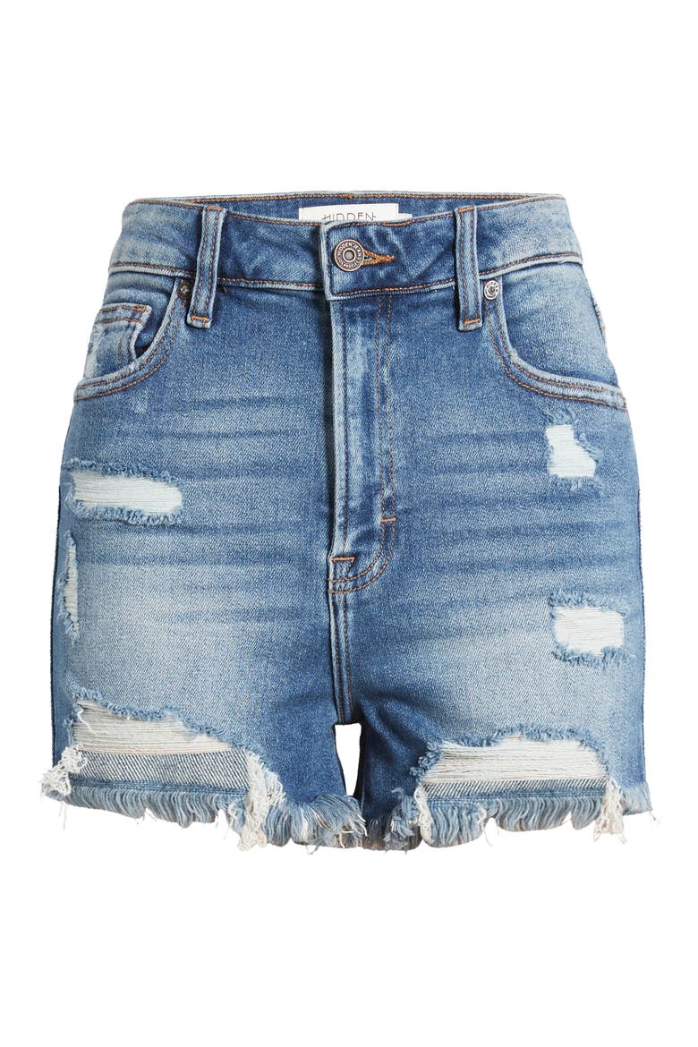 Heavy Frayed High Waist Cutoff Denim Shorts, Alternate, color, DARK WASH