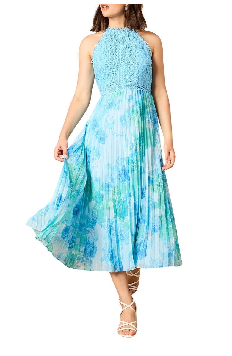 Oasis Printed Lace Mix Halterneck Midi Dress, Alternate, color, Floral